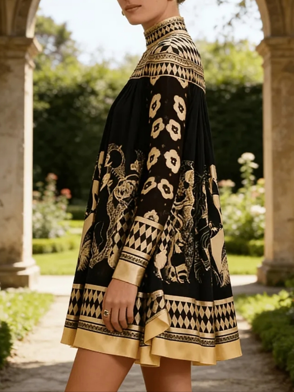 Black & Gold High-Neck Printed Swing Dress - Picture 5 of 7